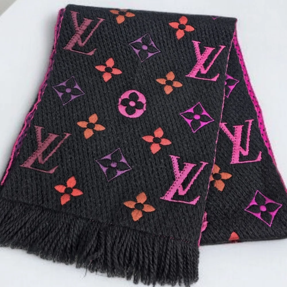 Louis Vuitton Echarpe Logomania Rainbow Wool Silk Scarf Black Pink